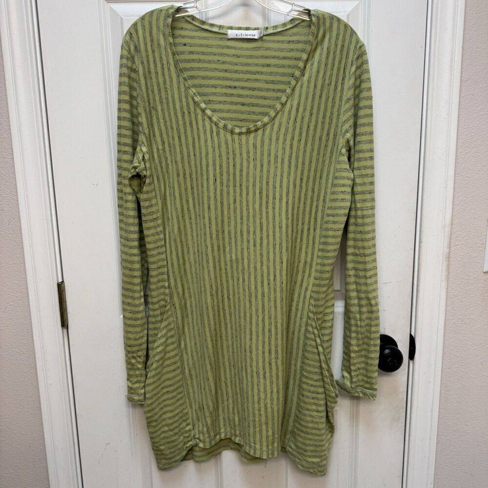 Cut Loose Long Sleeve Dress-Lagenlook Green Striped Cotton Blend Womens Large